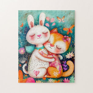 Rabbit and Cat Hugging each other with butterflys Jigsaw Puzzle