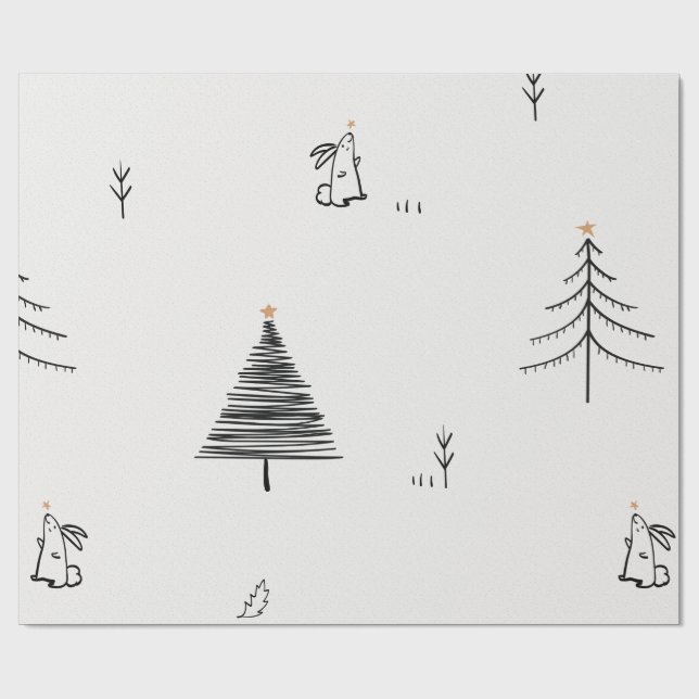 RABBIT AND CHRISTMAS TREE DOODLE DESIGN GIFT WRAP (Flat)