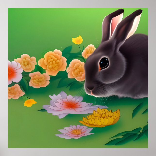 Rabbit and Flowers Poster (Front)