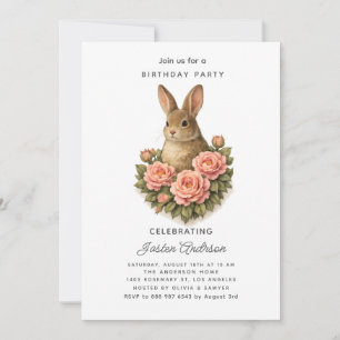 Rabbit and Pink Flowers Birthday Party Invitation
