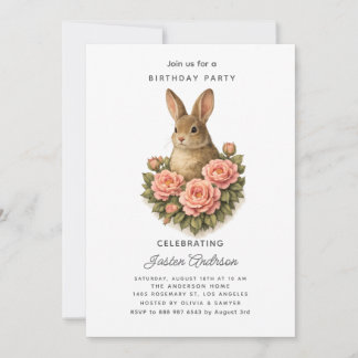 Rabbit and Pink Flowers Birthday Party Invitation