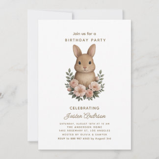 Rabbit and Pink Flowers Birthday Party Invitation