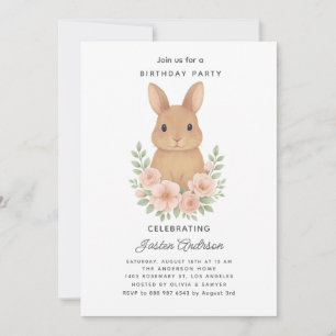 Rabbit and Pink Flowers Birthday Party Invitation