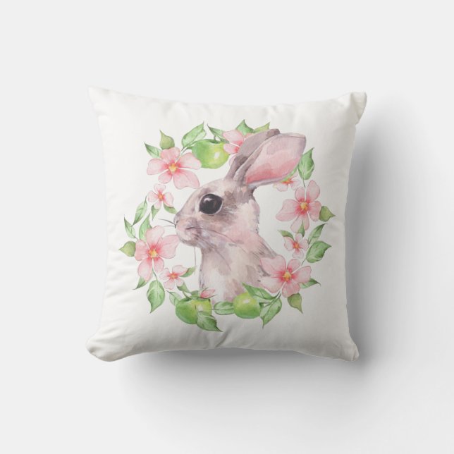 Rabbit and pink flowers cushion (Front)