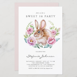 Rabbit and Pink Flowers Sweet 16 Party Invitation