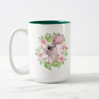 Rabbit and pink flowers Two-Tone coffee mug
