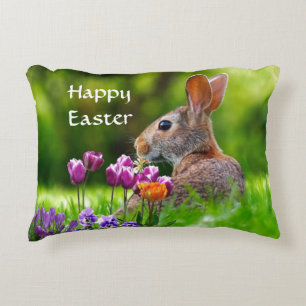 Rabbit and Tulips Happy Easter  Decorative Cushion