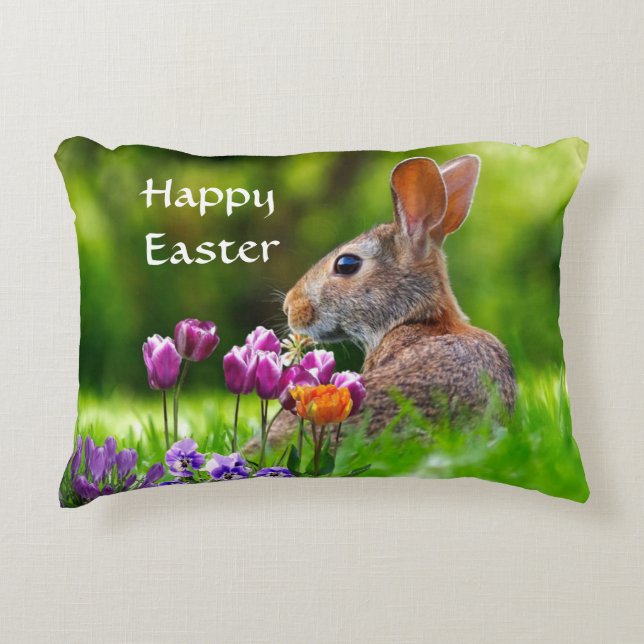 Rabbit and Tulips Happy Easter  Decorative Cushion (Front)