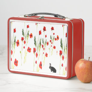 Rabbit Art Red Poppies Floral Personalised Metal Lunch Box