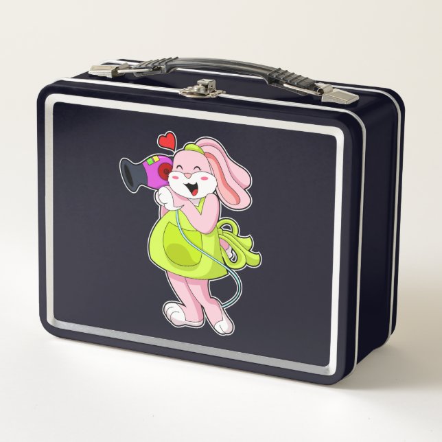 Rabbit as Hairdresser with Hairdryer Metal Lunch Box (Front)
