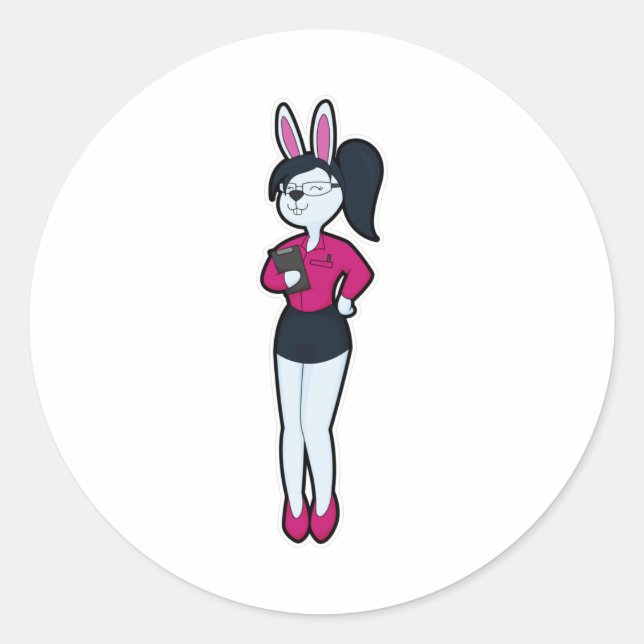 Rabbit as Secretary with Notepad & Glasses Classic Round Sticker (Front)