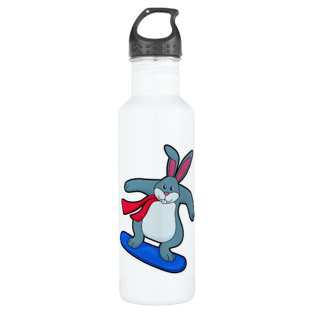 Rabbit as Snowboarder with Snowboard & Scarf 710 Ml Water Bottle (Front)