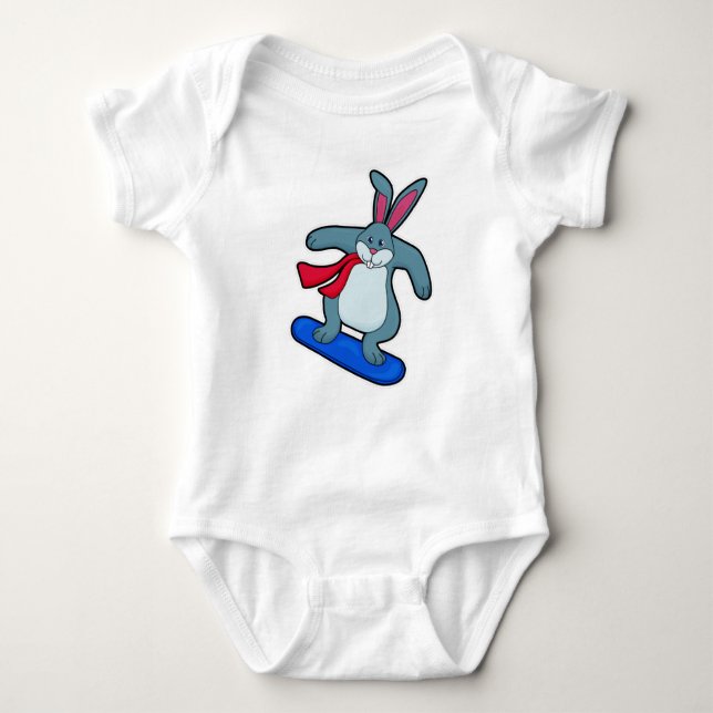 Rabbit as Snowboarder with Snowboard & Scarf Baby Bodysuit (Front)