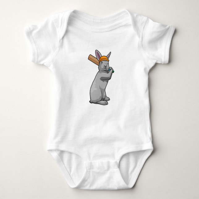 Rabbit at Cricket with Cricket bat Baby Bodysuit (Front)