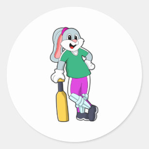 Rabbit at Cricket with Cricket bat Classic Round Sticker