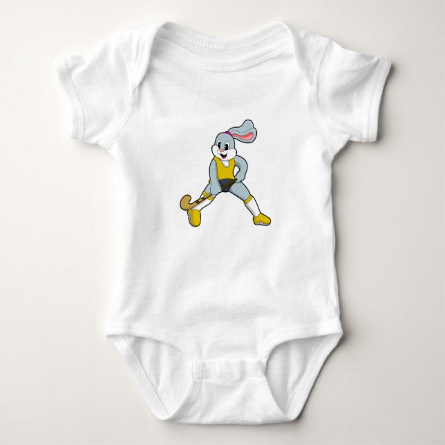 Rabbit at Hockey with Hockey bat Baby Bodysuit (Front)