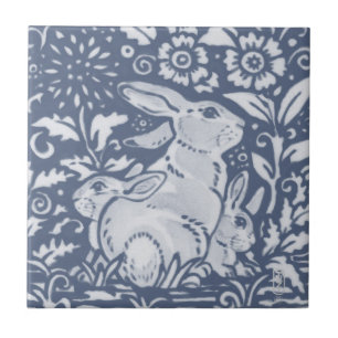 Rabbit & Babies Blue White Botanical Dedham Delft Ceramic Tile