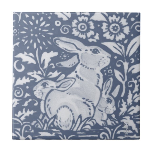 Rabbit & Babies Blue White Botanical Dedham Delft Ceramic Tile (Front)