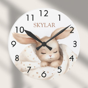Rabbit baby girl beige white nursery round clock