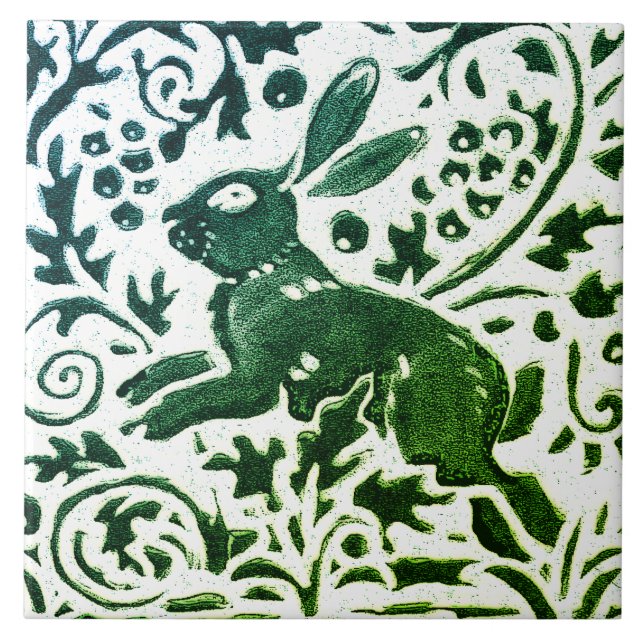 Rabbit Batik Modern Green Blue Floral Woodland Ceramic Tile (Front)