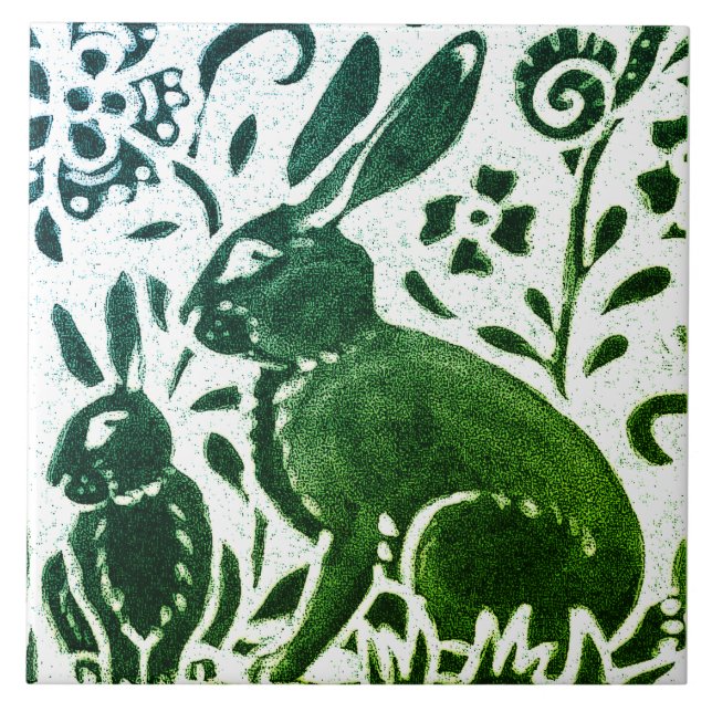 Rabbit Batik Modern Green Blue Floral Woodland Ceramic Tile (Front)