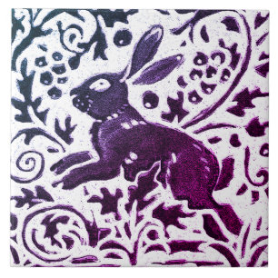 Rabbit Batik Modern Purple Blue Floral Woodland Ceramic Tile