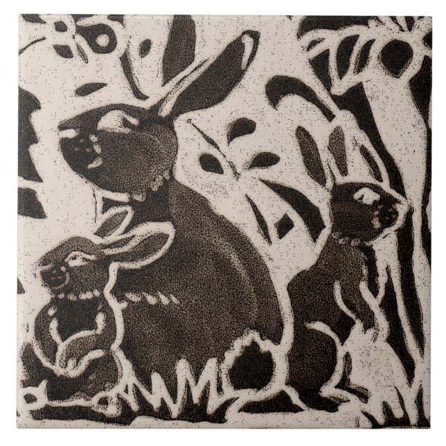 Rabbit Batik Stoneware Woodland Animal Tan Brown Ceramic Tile (Front)