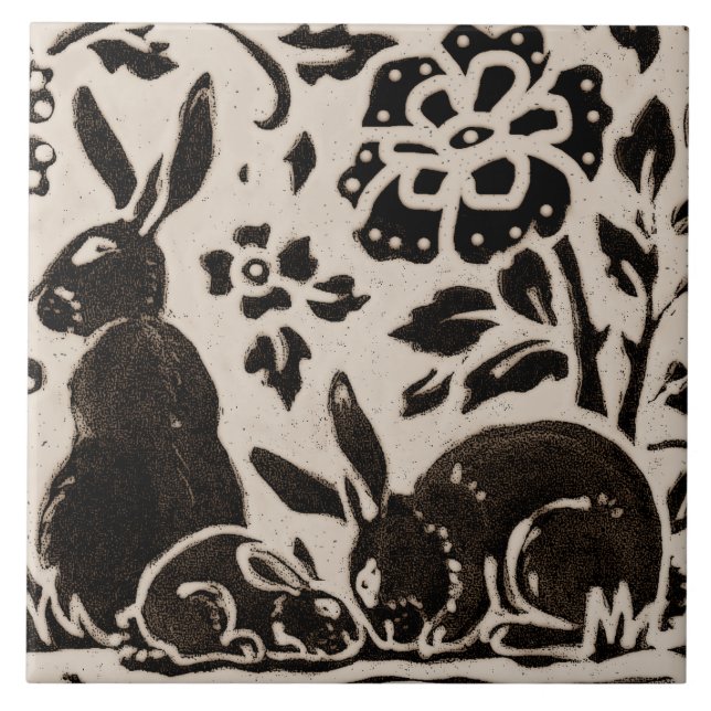 Rabbit Batik Stoneware Woodland Animal Tan Brown Ceramic Tile (Front)