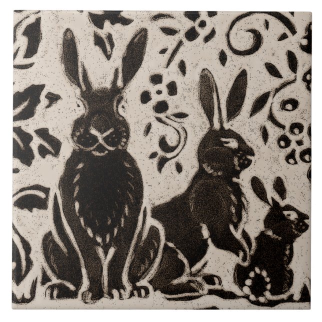 Rabbit Batik Stoneware Woodland Animal Tan Brown Ceramic Tile (Front)