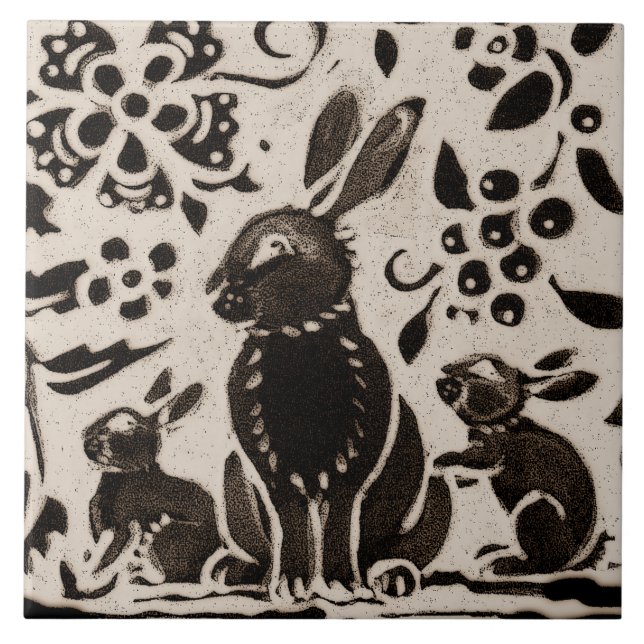 Rabbit Batik Stoneware Woodland Animal Tan Brown Ceramic Tile (Front)
