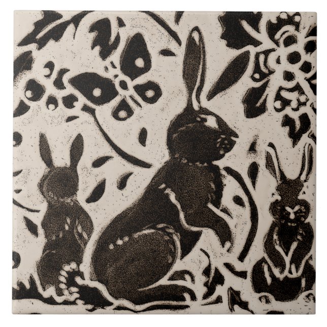 Rabbit Batik Stoneware Woodland Animal Tan Grey Ceramic Tile (Front)