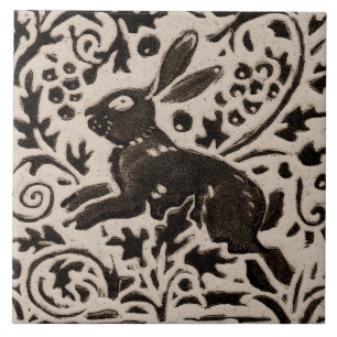 Rabbit Batik Stoneware Woodland Animal Tan Grey Ceramic Tile