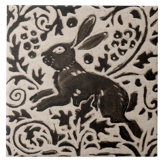 Rabbit Batik Stoneware Woodland Animal Tan Grey Ceramic Tile (Front)