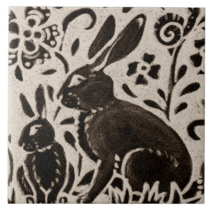 Rabbit Batik Woodland Animal Tan Grey Brown Floral Ceramic Tile