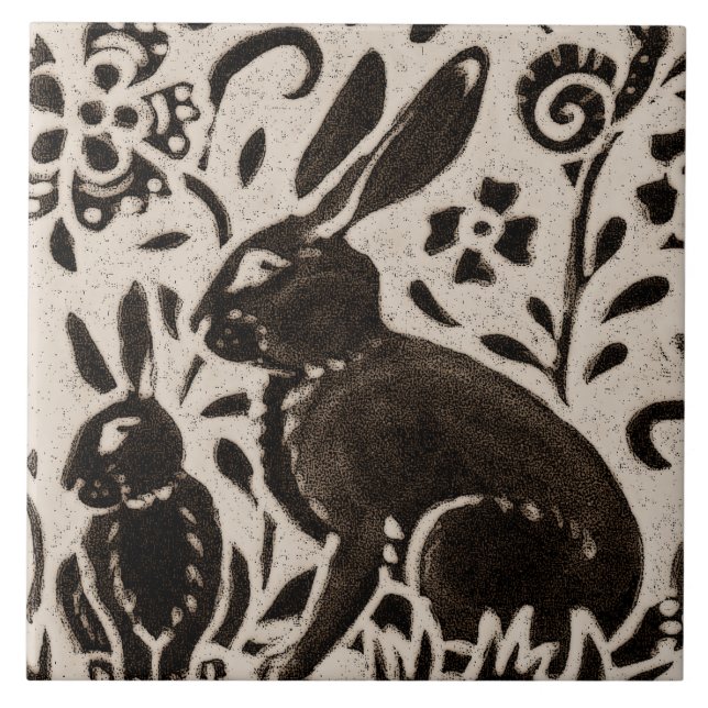 Rabbit Batik Woodland Animal Tan Grey Brown Floral Ceramic Tile (Front)