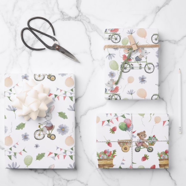 Rabbit Bear And Mouse On A Bike With Balloons Wrapping Paper Sheet (Front)