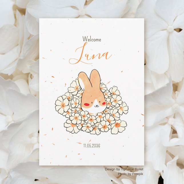 Rabbit birth announcement flower (Faire-part naissance lapin fleur blanche)
