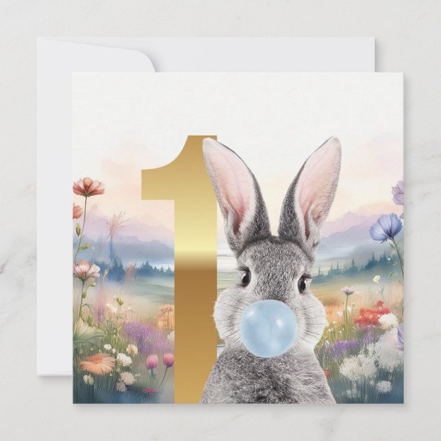 Rabbit blowing blue bubble gum First birthday Card (Front)