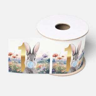 Rabbit blowing blue bubble gum First birthday Grosgrain Ribbon