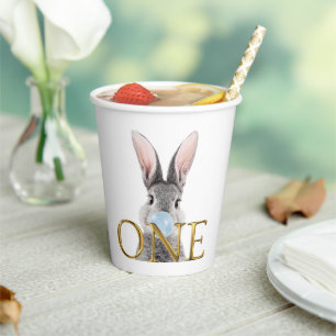 Rabbit blowing blue bubble gum First Birthday Paper Cups