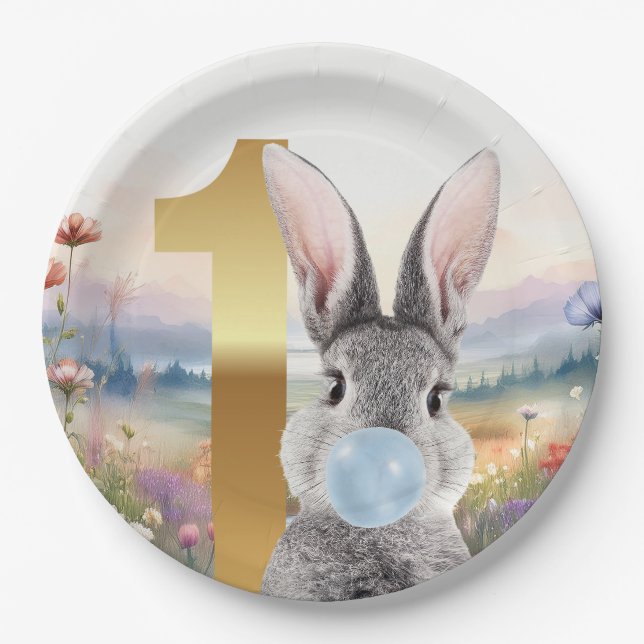 Rabbit blowing blue bubble gum First birthday Paper Plate (Front)