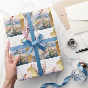 Rabbit blowing blue bubble gum First birthday Wrapping Paper