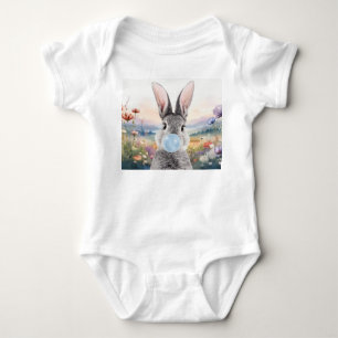 Rabbit blowing blue bubble gum with wildflowers baby bodysuit