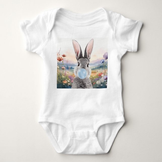 Rabbit blowing blue bubble gum with wildflowers baby bodysuit (Front)
