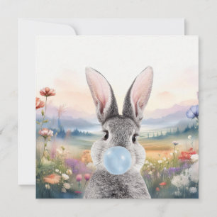 Rabbit blowing blue bubble gum with wildflowers card