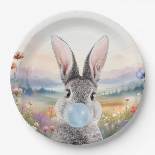 Rabbit blowing blue bubble gum with wildflowers paper plate