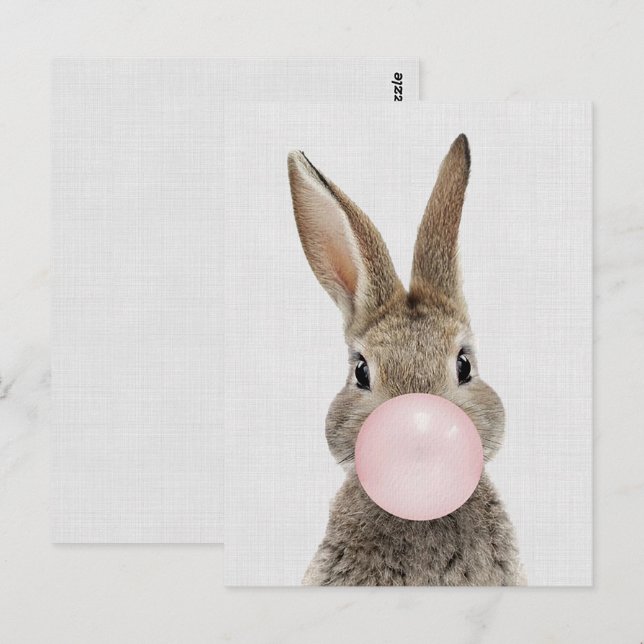 Rabbit blowing bubble gum grey linen postcard (Front/Back)