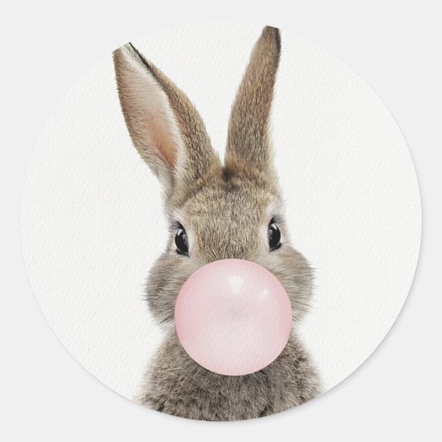 Rabbit Blowing Pink Bubble gum    Classic Round Sticker (Front)