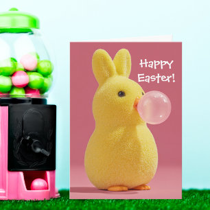 Rabbit Blowing Pink Bubble Gum Cute Easter Card
