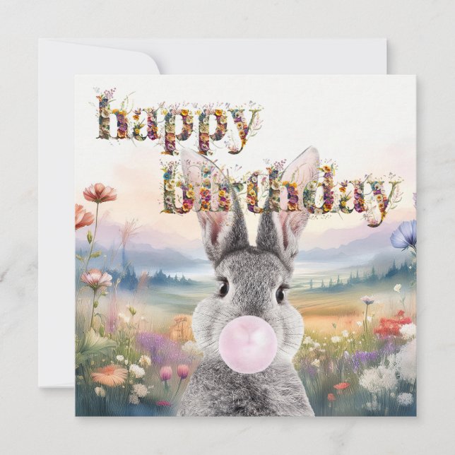Rabbit blowing pink bubble gum Happy Birthday Card (Front)